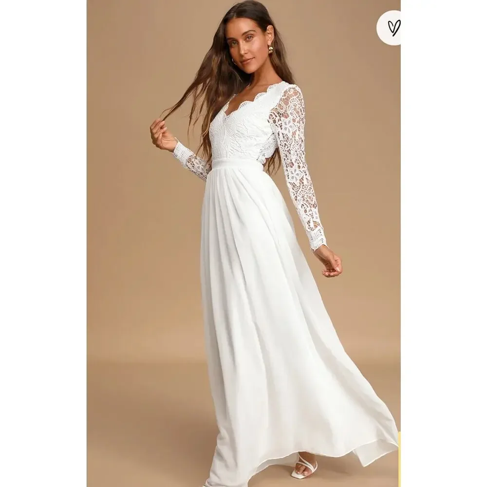 Lulus Awaken‎ My Love Maxi Dress Women’s XS White Lace Long Sleeve Bridal Formal
